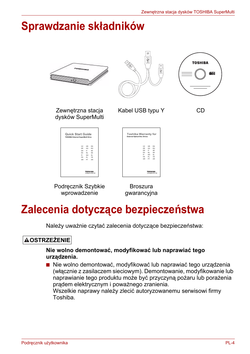 Sprawdzanie składników, Zalecenia dotyczące bezpieczeństwa, Ostrzeżenie | Toshiba External SuperMulti Drive User Manual | Page 319 / 533