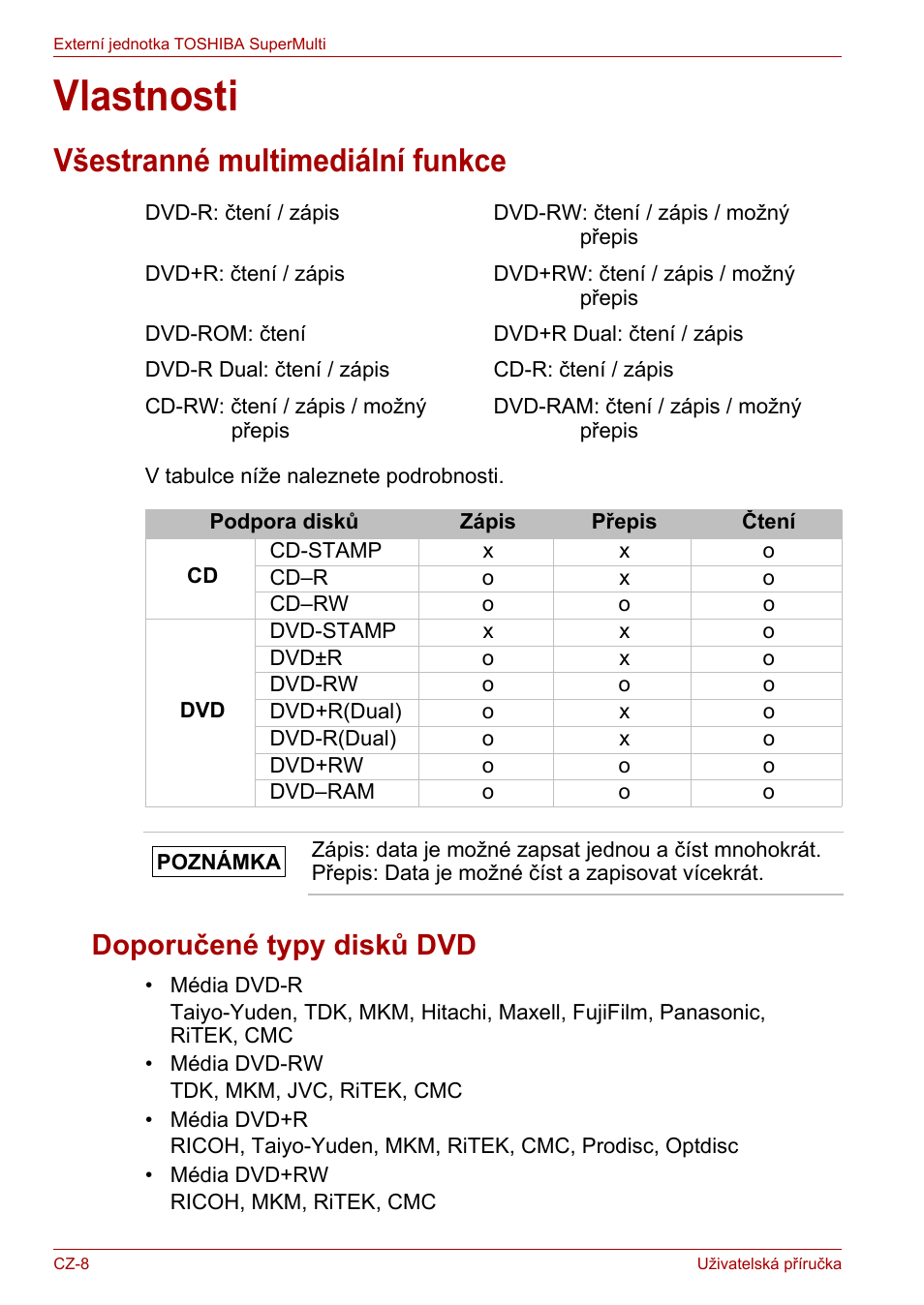 Vlastnosti, Všestranné multimediální funkce, Doporučené typy disků dvd | Toshiba External SuperMulti Drive User Manual | Page 32 / 533