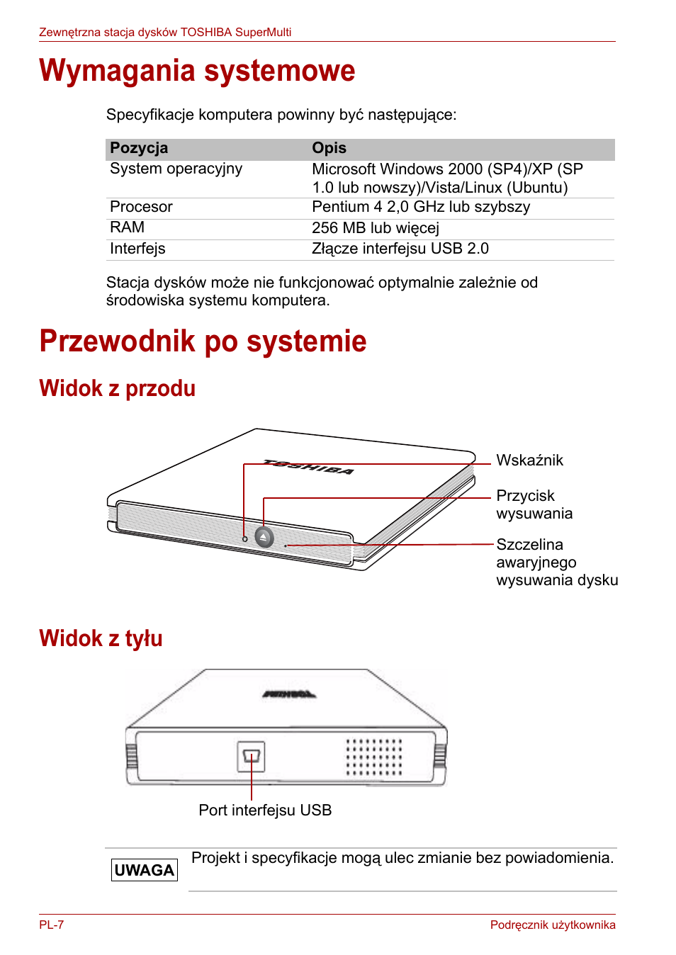 Wymagania systemowe, Przewodnik po systemie, Widok z przodu | Widok z tyłu, Wymagania systemowe przewodnik po systemie, Widok z przodu widok z tyłu | Toshiba External SuperMulti Drive User Manual | Page 322 / 533