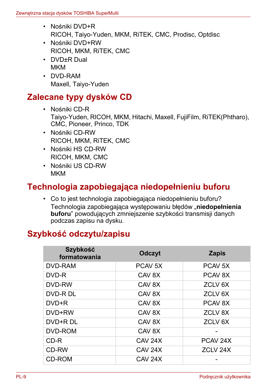 Zalecane typy dysków cd, Technologia zapobiegająca niedopełnieniu buforu, Szybkość odczytu/zapisu | Toshiba External SuperMulti Drive User Manual | Page 324 / 533