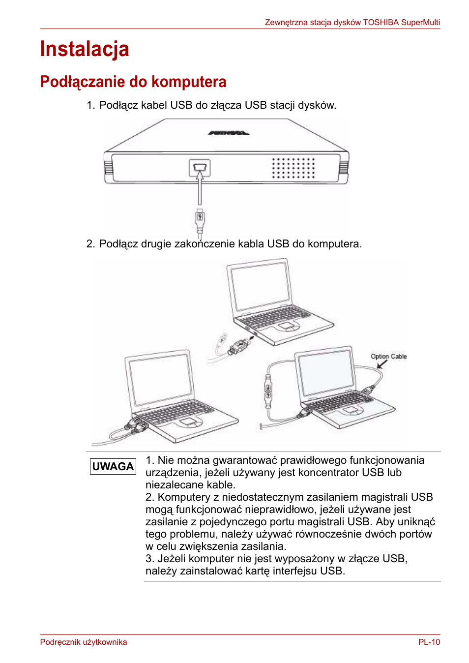 Instalacja, Podłączanie do komputera | Toshiba External SuperMulti Drive User Manual | Page 325 / 533