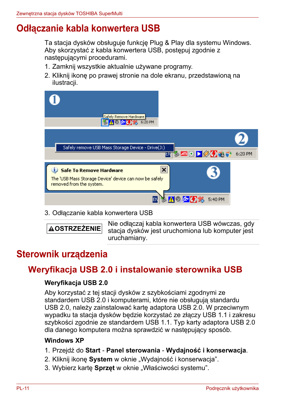 Odłączanie kabla konwertera usb, Sterownik urządzenia, Weryfikacja usb 2.0 i instalowanie sterownika usb | Toshiba External SuperMulti Drive User Manual | Page 326 / 533