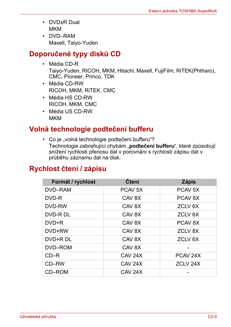 Doporučené typy disků cd, Volná technologie podtečení bufferu, Rychlost čtení / zápisu | Toshiba External SuperMulti Drive User Manual | Page 33 / 533