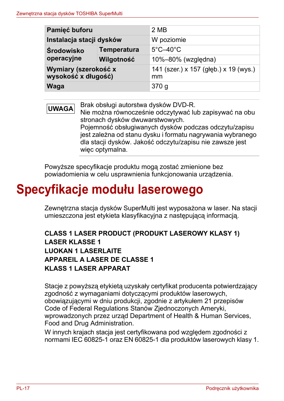 Specyfikacje modułu laserowego | Toshiba External SuperMulti Drive User Manual | Page 332 / 533