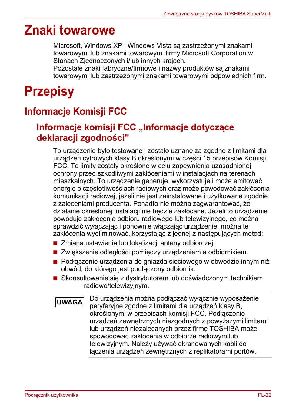 Znaki towarowe, Przepisy, Informacje komisji fcc | Znaki towarowe przepisy | Toshiba External SuperMulti Drive User Manual | Page 337 / 533