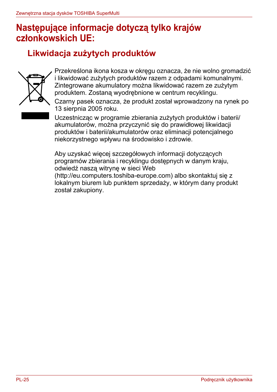 Likwidacja zużytych produktów | Toshiba External SuperMulti Drive User Manual | Page 340 / 533