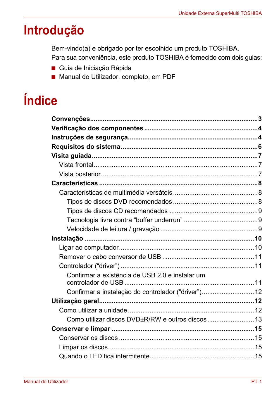 Manual do utilizador, Introdução, Índice | Toshiba External SuperMulti Drive User Manual | Page 341 / 533