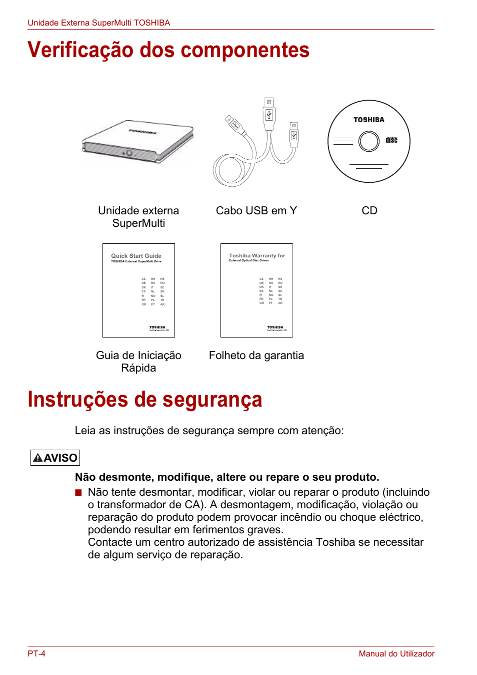 Verificação dos componentes, Instruções de segurança, Aviso | Toshiba External SuperMulti Drive User Manual | Page 344 / 533