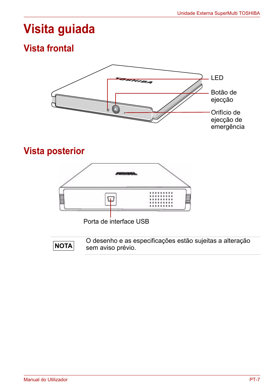 Visita guiada, Vista frontal, Vista posterior | Vista frontal vista posterior | Toshiba External SuperMulti Drive User Manual | Page 347 / 533