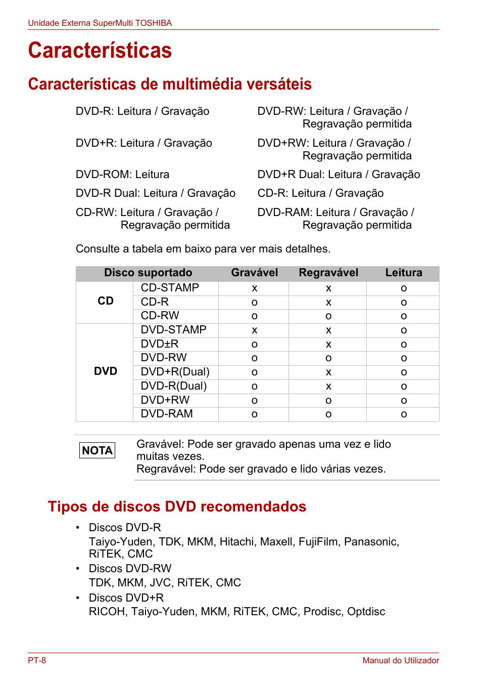 Características, Características de multimédia versáteis, Tipos de discos dvd recomendados | Toshiba External SuperMulti Drive User Manual | Page 348 / 533