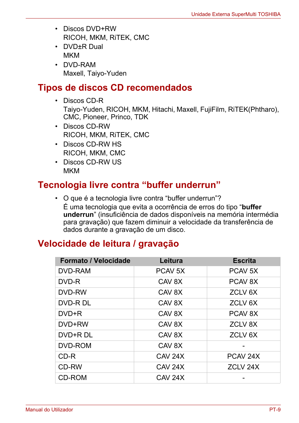 Tipos de discos cd recomendados, Tecnologia livre contra “buffer underrun, Velocidade de leitura / gravação | Toshiba External SuperMulti Drive User Manual | Page 349 / 533