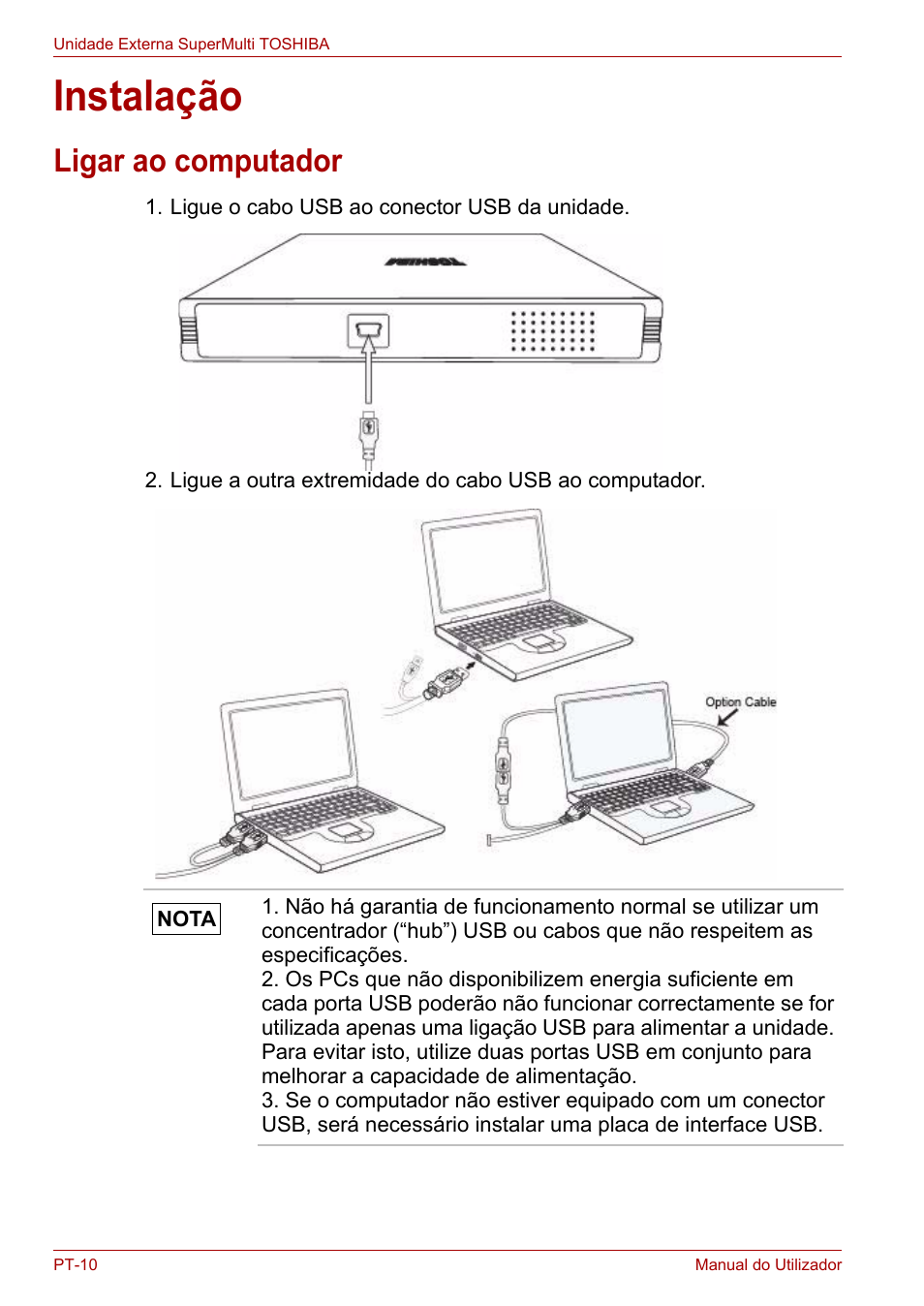 Instalação, Ligar ao computador | Toshiba External SuperMulti Drive User Manual | Page 350 / 533