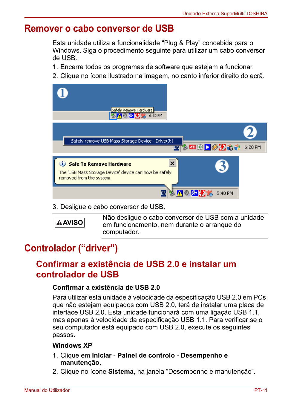 Remover o cabo conversor de usb, Controlador (“driver”) | Toshiba External SuperMulti Drive User Manual | Page 351 / 533