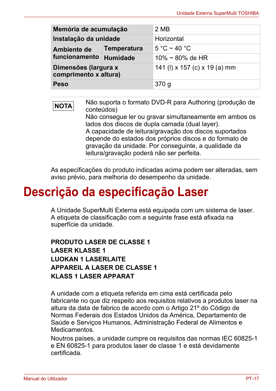 Descrição da especificação laser | Toshiba External SuperMulti Drive User Manual | Page 357 / 533