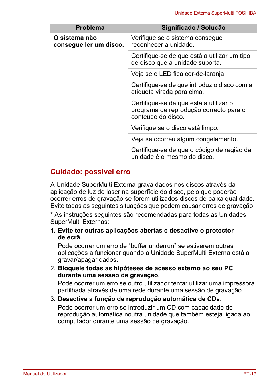 Cuidado: possível erro | Toshiba External SuperMulti Drive User Manual | Page 359 / 533