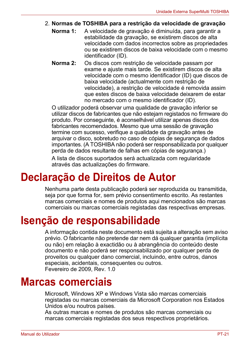 Declaração de direitos de autor, Isenção de responsabilidade, Marcas comerciais | Toshiba External SuperMulti Drive User Manual | Page 361 / 533