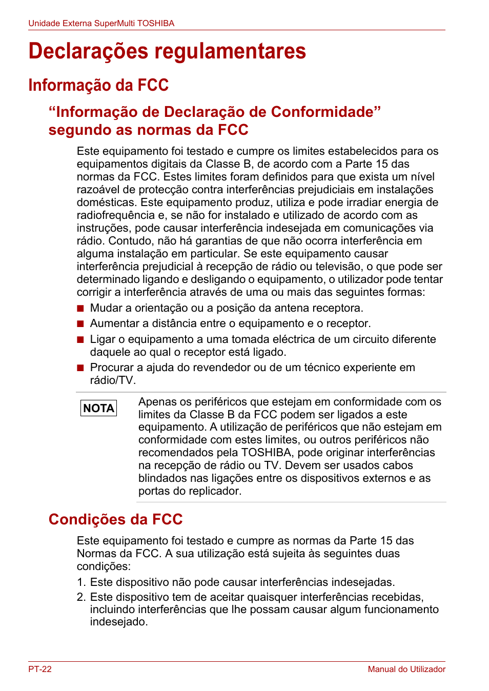 Declarações regulamentares, Informação da fcc, Condições da fcc | Toshiba External SuperMulti Drive User Manual | Page 362 / 533
