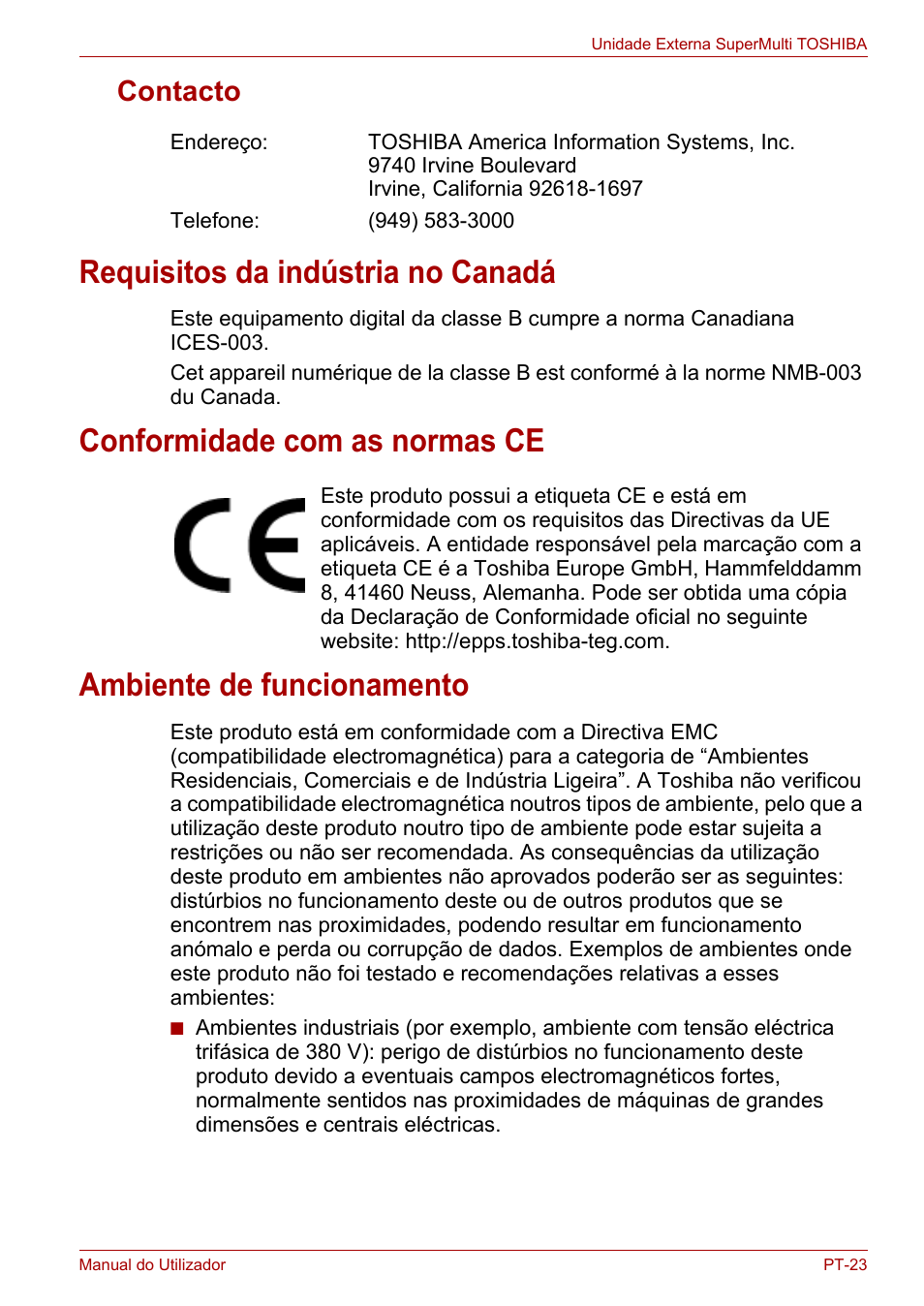 Contacto, Requisitos da indústria no canadá, Conformidade com as normas ce | Ambiente de funcionamento | Toshiba External SuperMulti Drive User Manual | Page 363 / 533