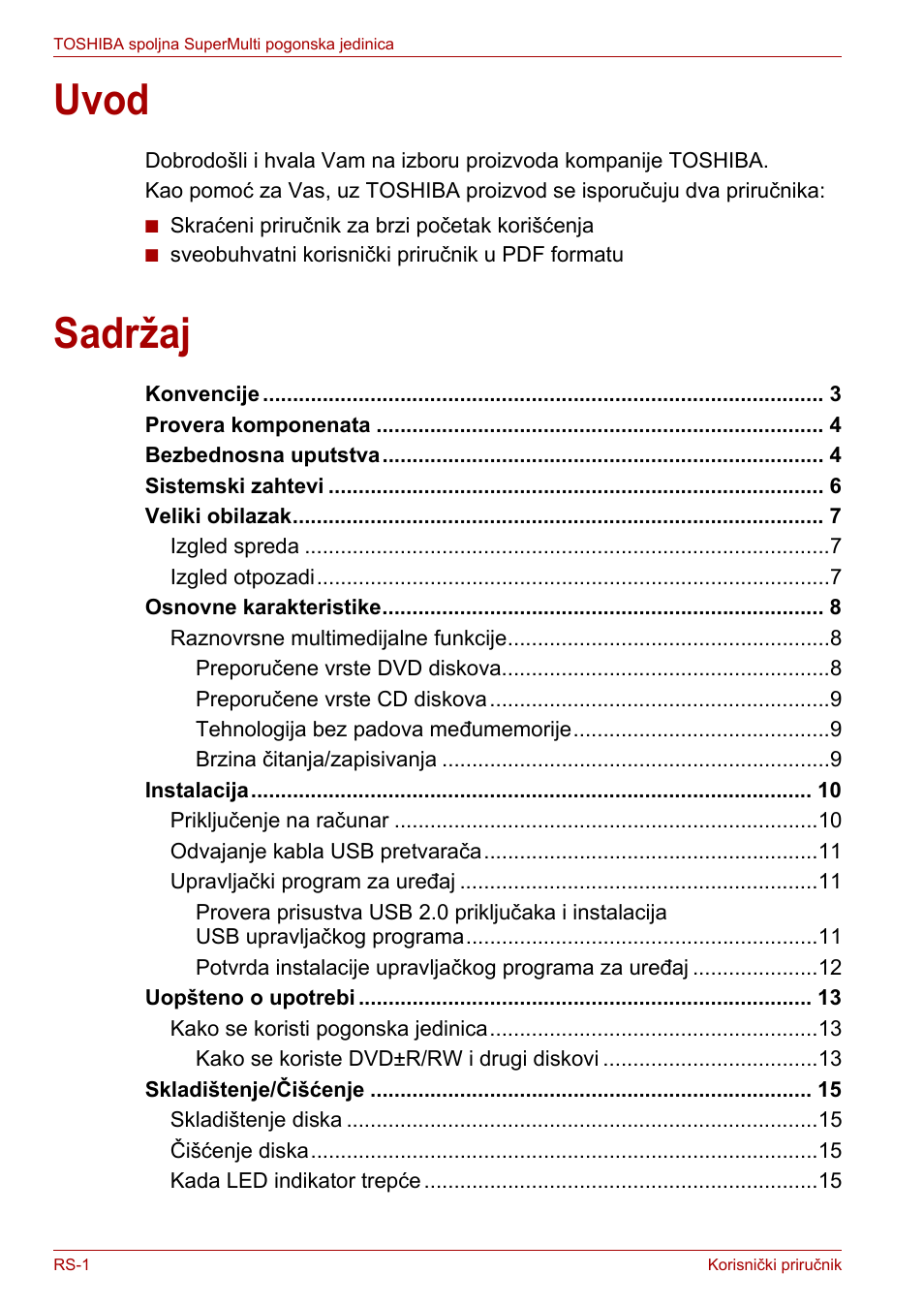 Korisnički priručnik, Uvod, Sadržaj | Toshiba External SuperMulti Drive User Manual | Page 366 / 533