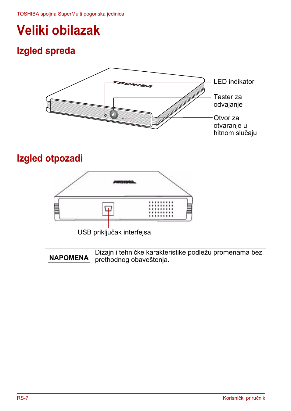 Veliki obilazak, Izgled spreda, Izgled otpozadi | Izgled spreda izgled otpozadi | Toshiba External SuperMulti Drive User Manual | Page 372 / 533