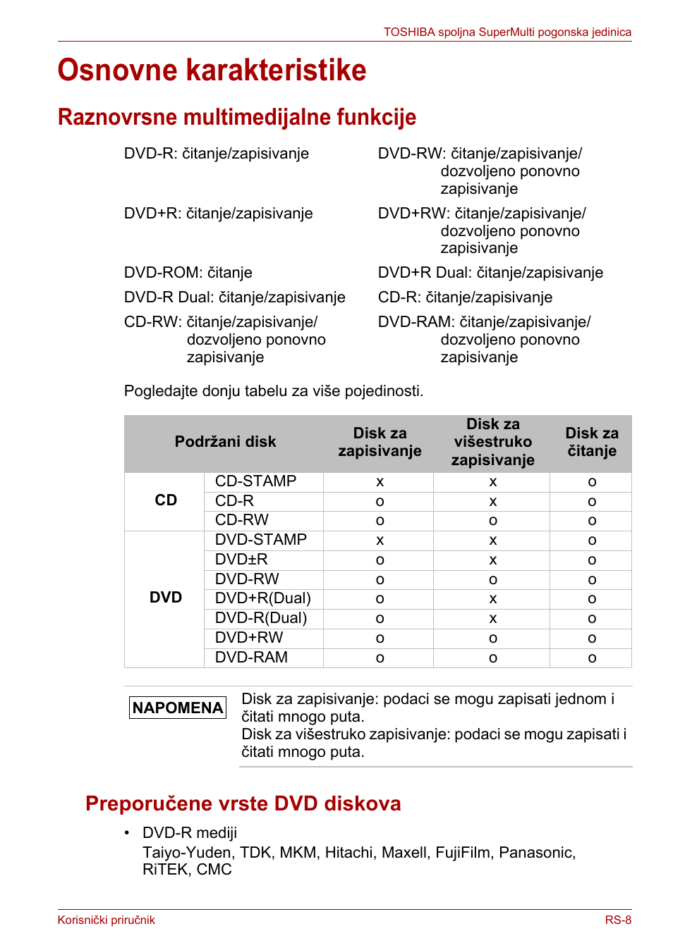 Osnovne karakteristike, Raznovrsne multimedijalne funkcije, Preporučene vrste dvd diskova | Toshiba External SuperMulti Drive User Manual | Page 373 / 533
