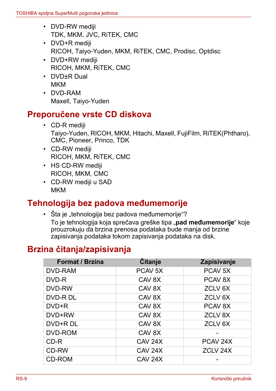 Preporučene vrste cd diskova, Tehnologija bez padova međumemorije, Brzina čitanja/zapisivanja | Toshiba External SuperMulti Drive User Manual | Page 374 / 533