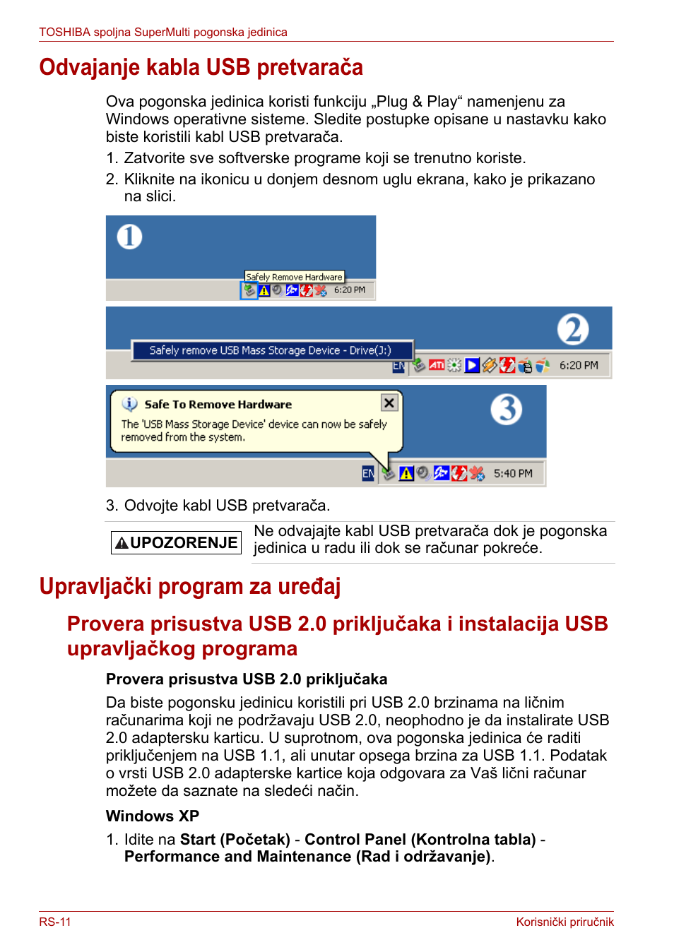 Odvajanje kabla usb pretvarača, Upravljački program za uređaj | Toshiba External SuperMulti Drive User Manual | Page 376 / 533