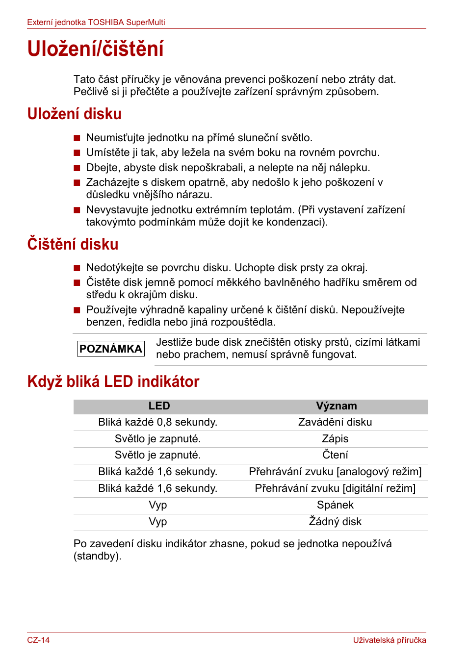Uložení/čištění, Uložení disku, Čištění disku | Když bliká led indikátor | Toshiba External SuperMulti Drive User Manual | Page 38 / 533