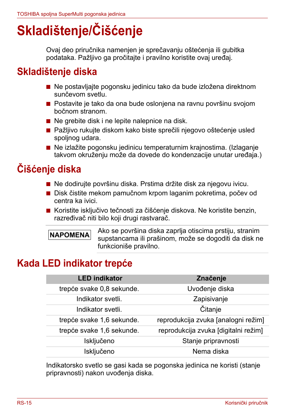 Skladištenje/čišćenje, Skladištenje diska, Čišćenje diska | Kada led indikator trepće | Toshiba External SuperMulti Drive User Manual | Page 380 / 533