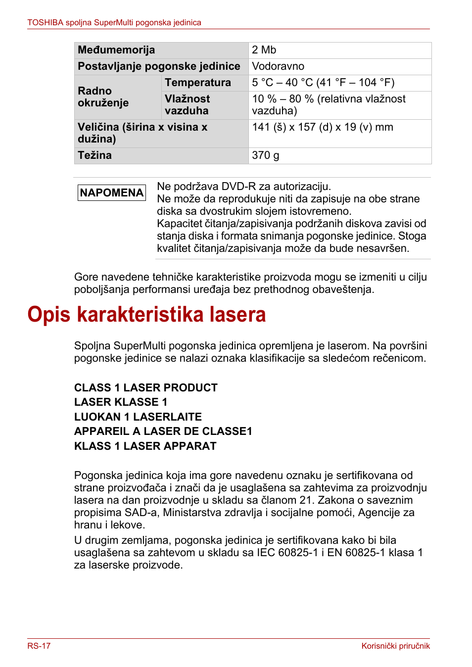 Opis karakteristika lasera | Toshiba External SuperMulti Drive User Manual | Page 382 / 533