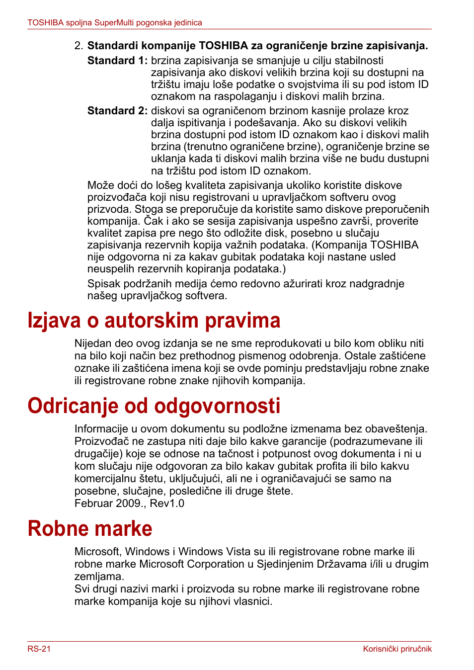 Izjava o autorskim pravima, Odricanje od odgovornosti, Robne marke | Toshiba External SuperMulti Drive User Manual | Page 386 / 533