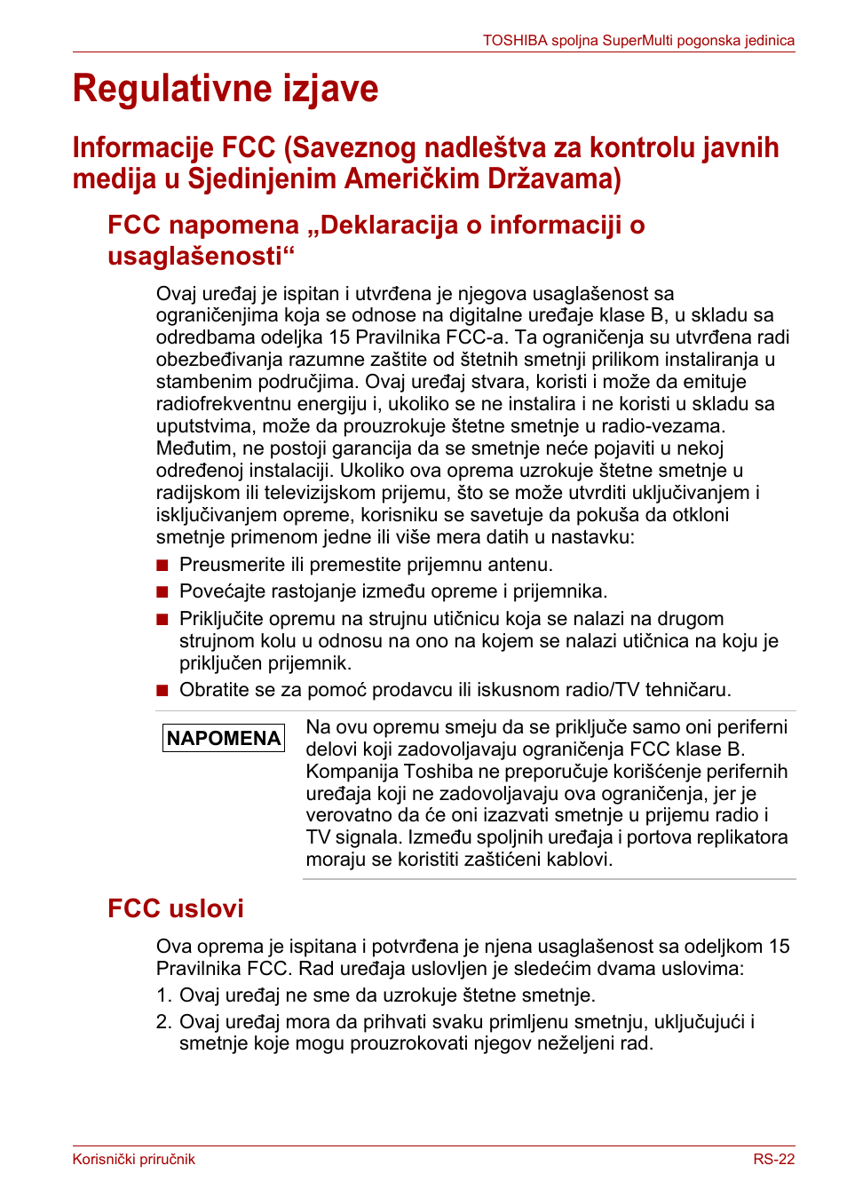 Regulativne izjave, Fcc uslovi | Toshiba External SuperMulti Drive User Manual | Page 387 / 533