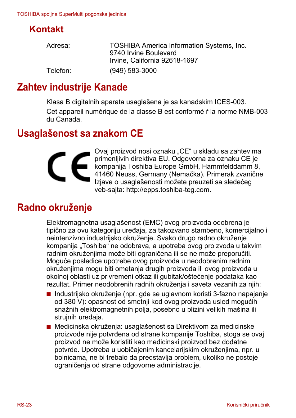 Kontakt, Zahtev industrije kanade, Usaglašenost sa znakom ce | Radno okruženje | Toshiba External SuperMulti Drive User Manual | Page 388 / 533