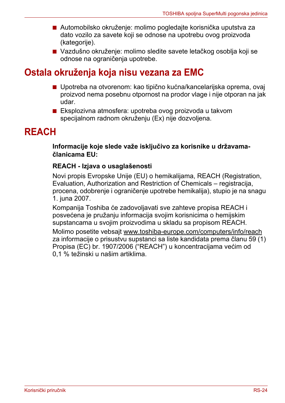 Ostala okruženja koja nisu vezana za emc, Reach, Ostala okruženja koja nisu vezana za emc reach | Toshiba External SuperMulti Drive User Manual | Page 389 / 533