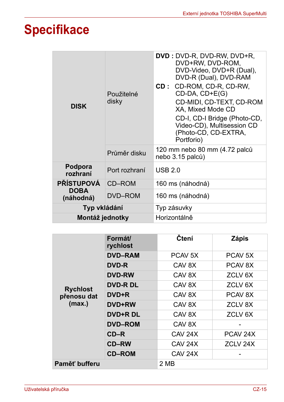 Specifikace | Toshiba External SuperMulti Drive User Manual | Page 39 / 533