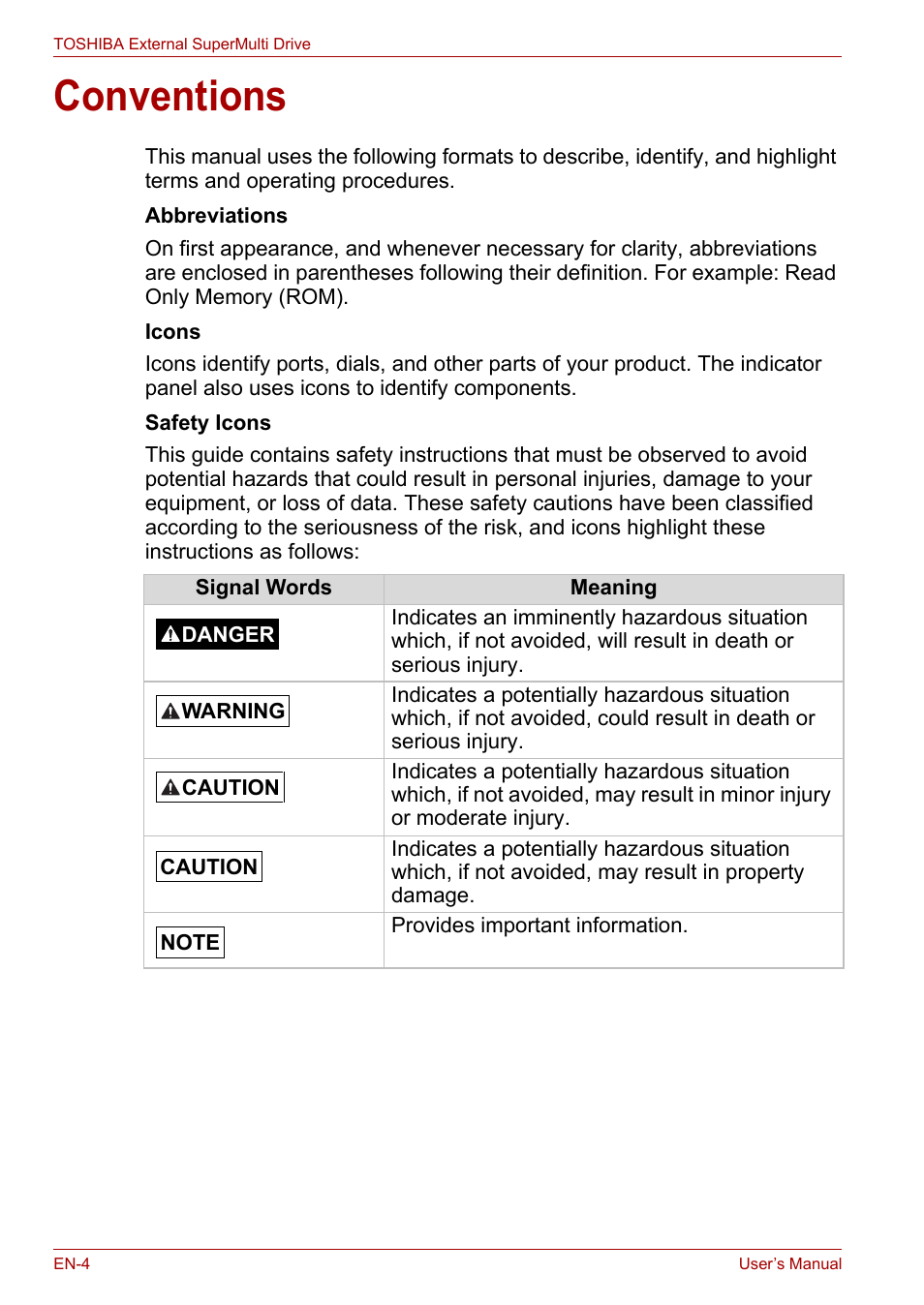 Conventions | Toshiba External SuperMulti Drive User Manual | Page 4 / 533