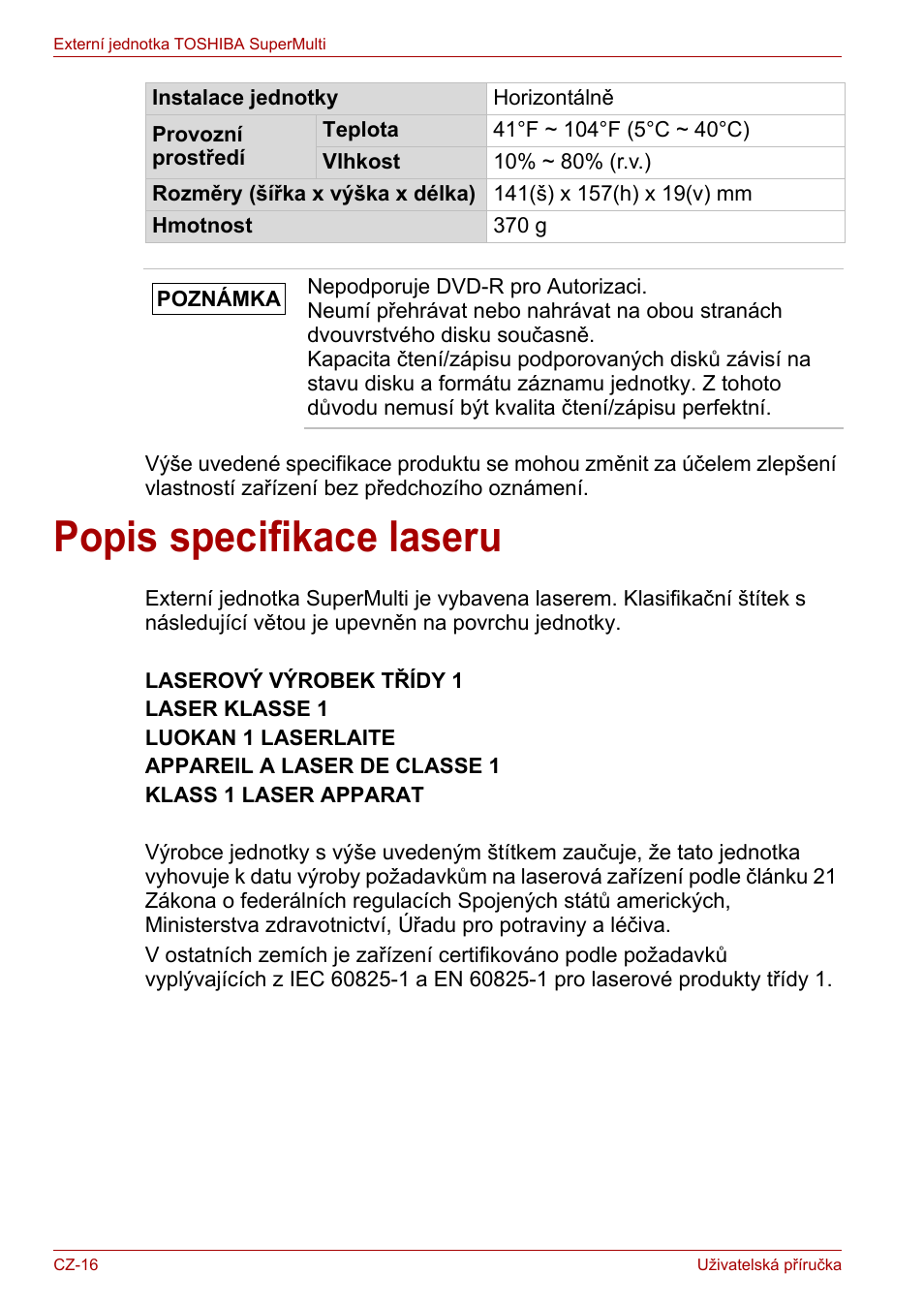 Popis specifikace laseru | Toshiba External SuperMulti Drive User Manual | Page 40 / 533