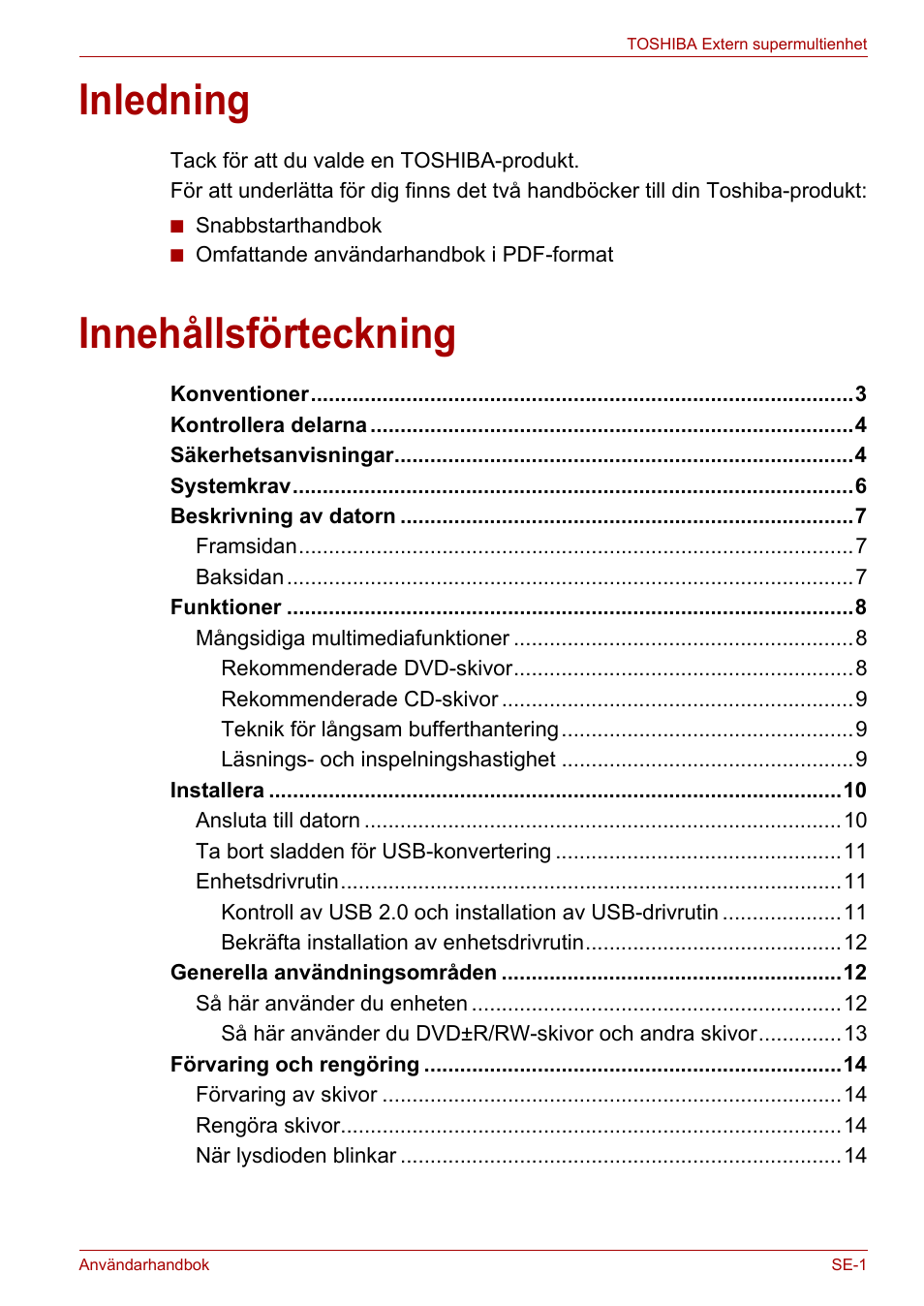 Användarhandbok, Inledning, Innehållsförteckning | Toshiba External SuperMulti Drive User Manual | Page 417 / 533