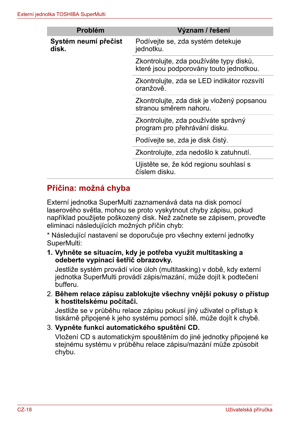 Příčina: možná chyba | Toshiba External SuperMulti Drive User Manual | Page 42 / 533