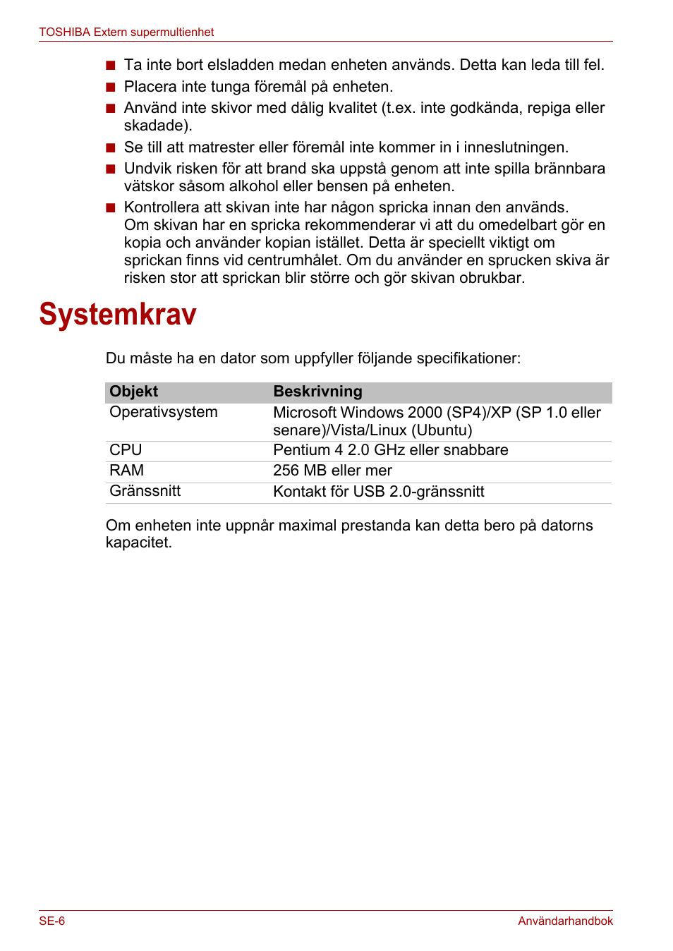 Systemkrav | Toshiba External SuperMulti Drive User Manual | Page 422 / 533