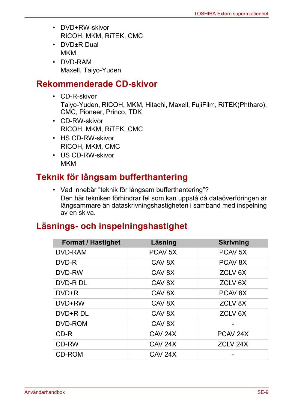 Rekommenderade cd-skivor, Teknik för långsam bufferthantering, Läsnings- och inspelningshastighet | Toshiba External SuperMulti Drive User Manual | Page 425 / 533