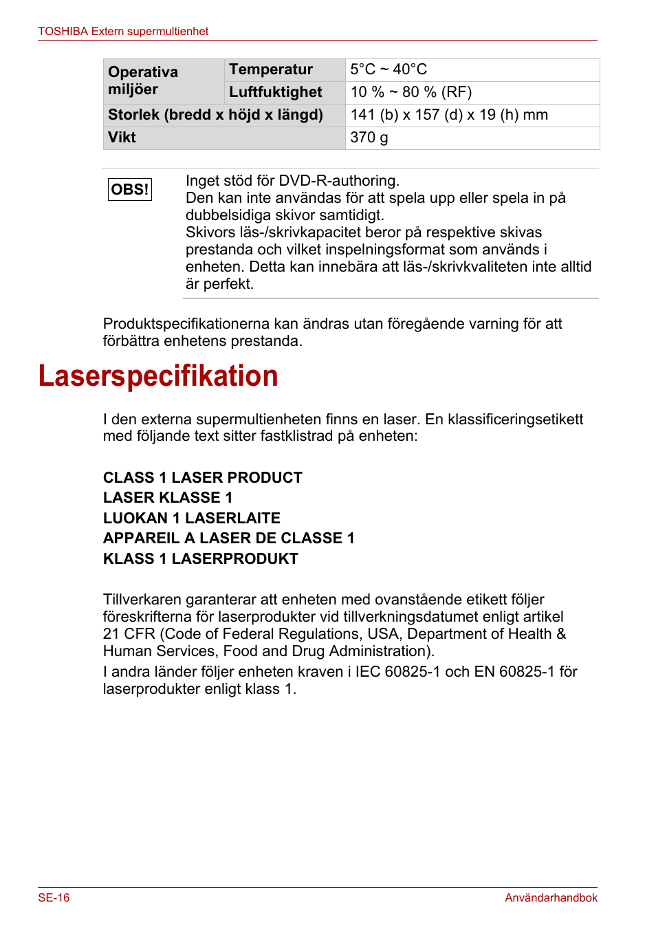 Laserspecifikation | Toshiba External SuperMulti Drive User Manual | Page 432 / 533