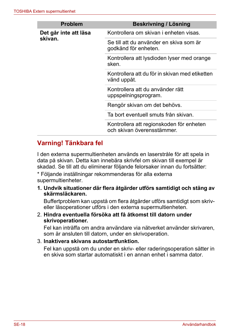 Varning! tänkbara fel | Toshiba External SuperMulti Drive User Manual | Page 434 / 533