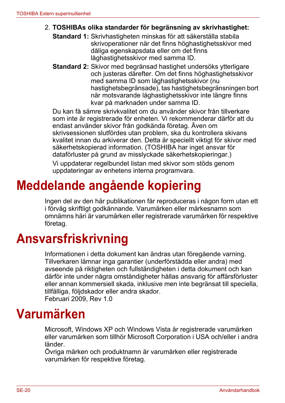 Meddelande angående kopiering, Ansvarsfriskrivning, Varumärken | Toshiba External SuperMulti Drive User Manual | Page 436 / 533