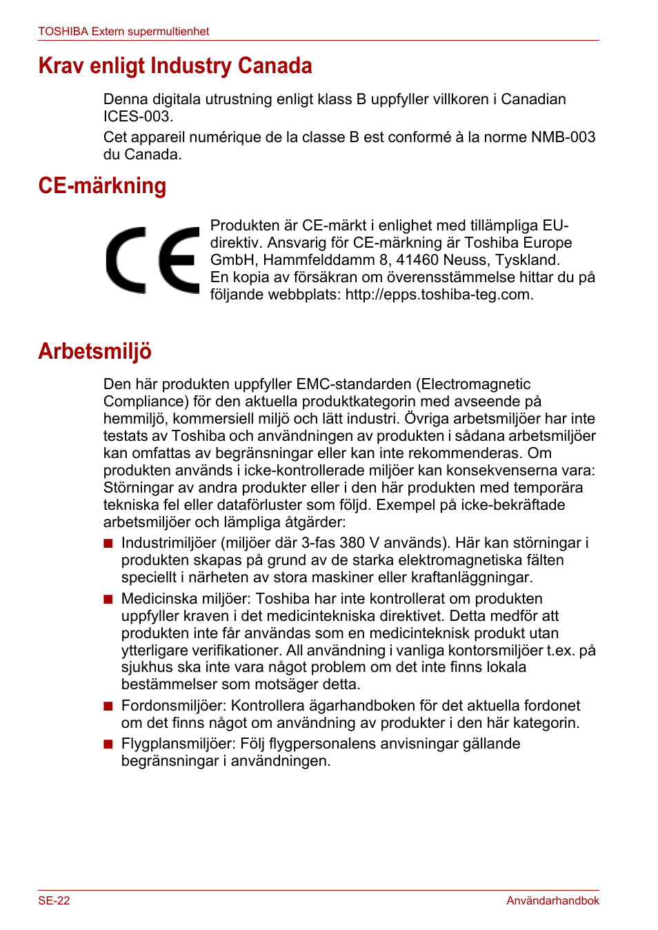 Krav enligt industry canada, Ce-märkning, Arbetsmiljö | Toshiba External SuperMulti Drive User Manual | Page 438 / 533