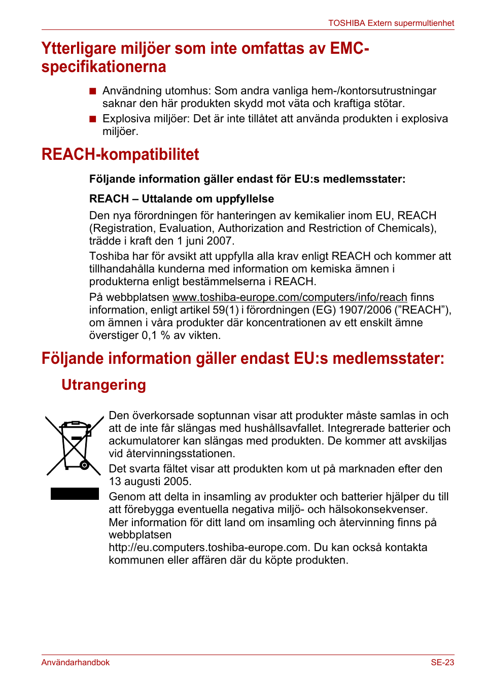 Reach-kompatibilitet, Utrangering | Toshiba External SuperMulti Drive User Manual | Page 439 / 533