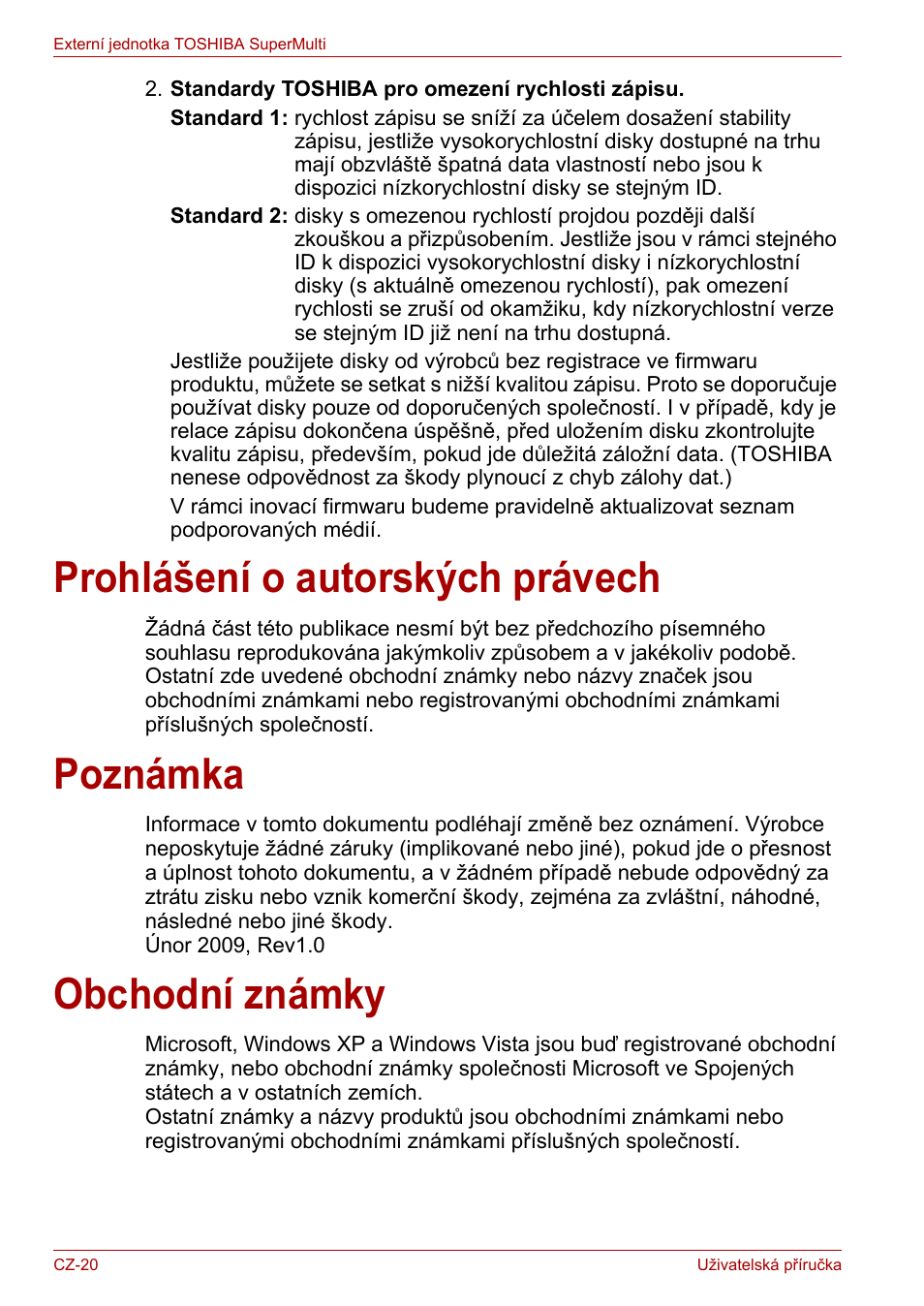 Prohlášení o autorských právech, Poznámka, Obchodní známky | Toshiba External SuperMulti Drive User Manual | Page 44 / 533