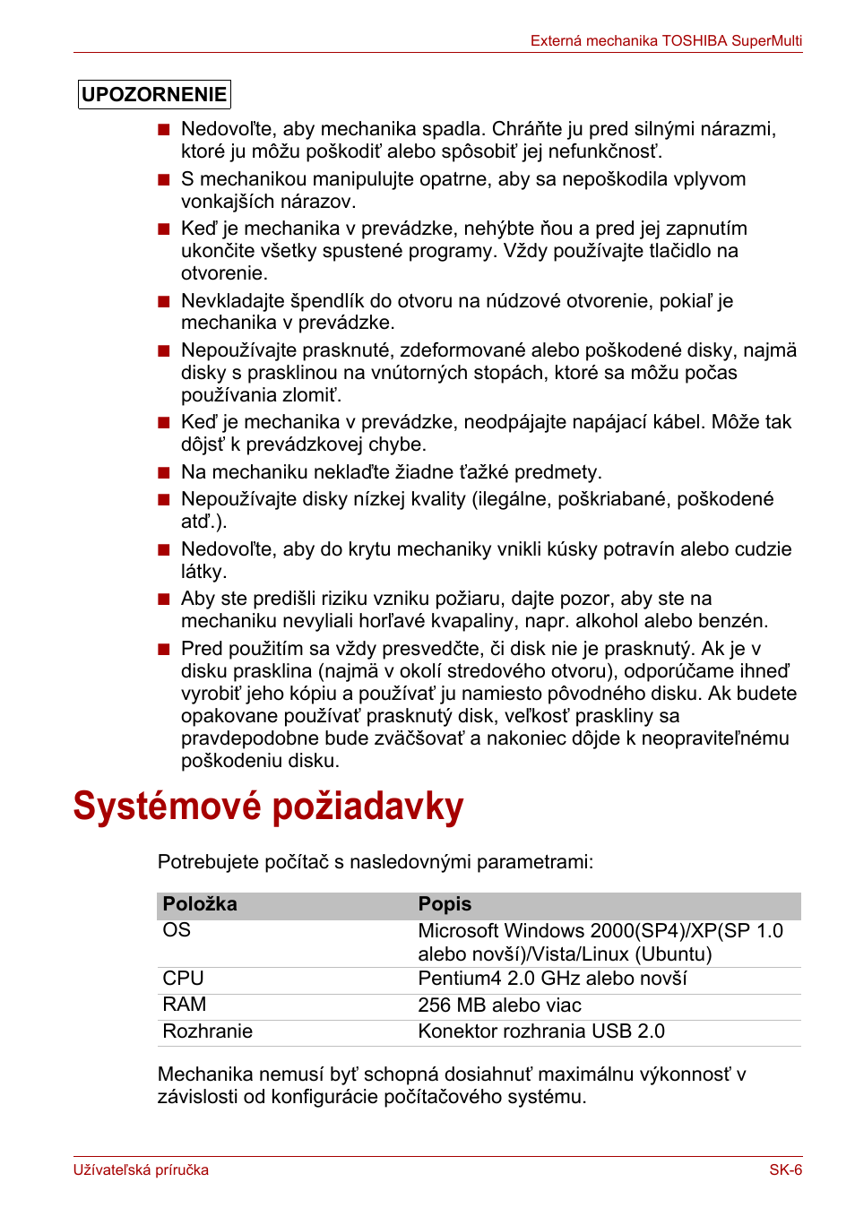 Systémové požiadavky | Toshiba External SuperMulti Drive User Manual | Page 445 / 533