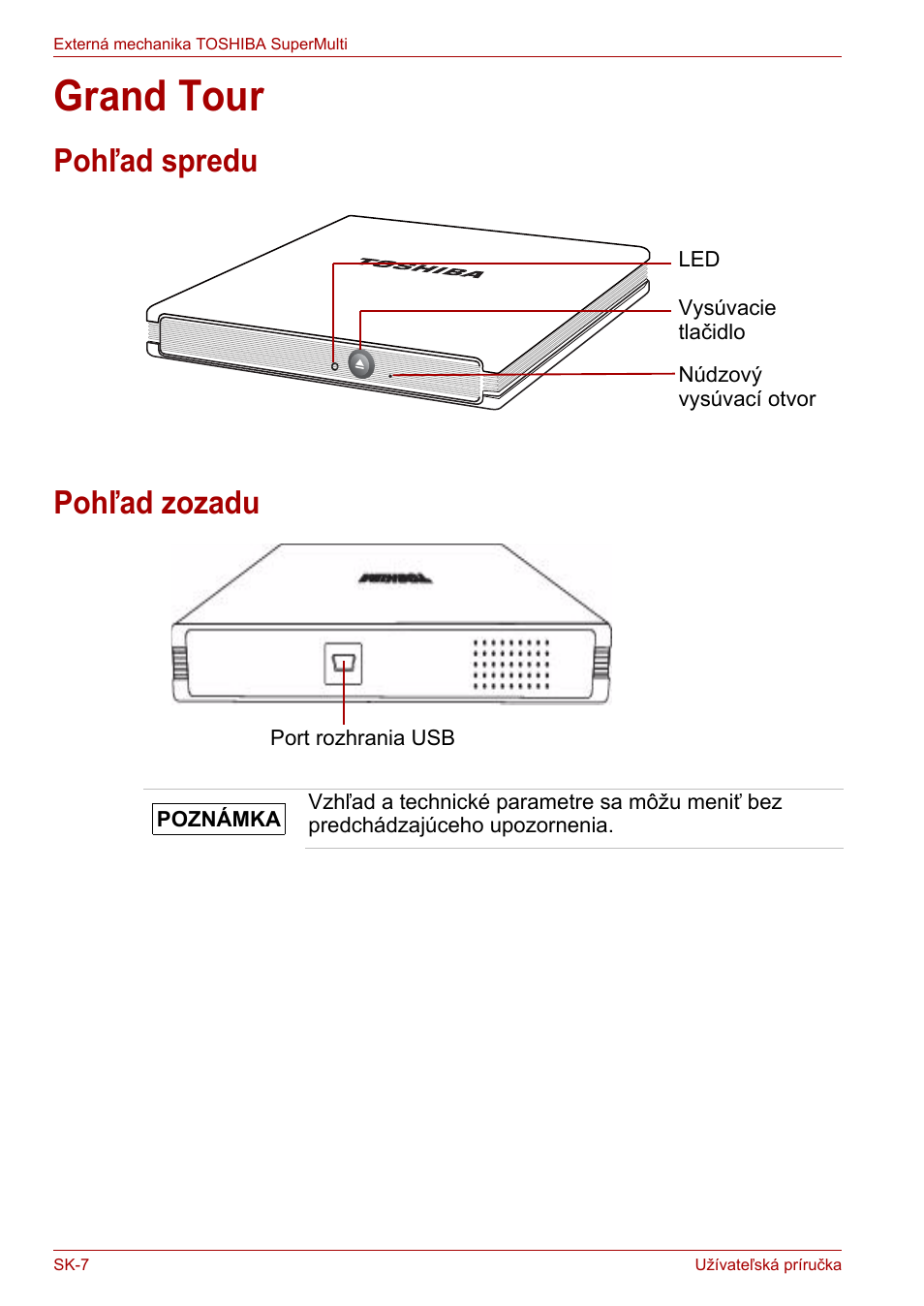 Grand tour, Pohľad spredu, Pohľad zozadu | Pohľad spredu pohľad zozadu | Toshiba External SuperMulti Drive User Manual | Page 446 / 533