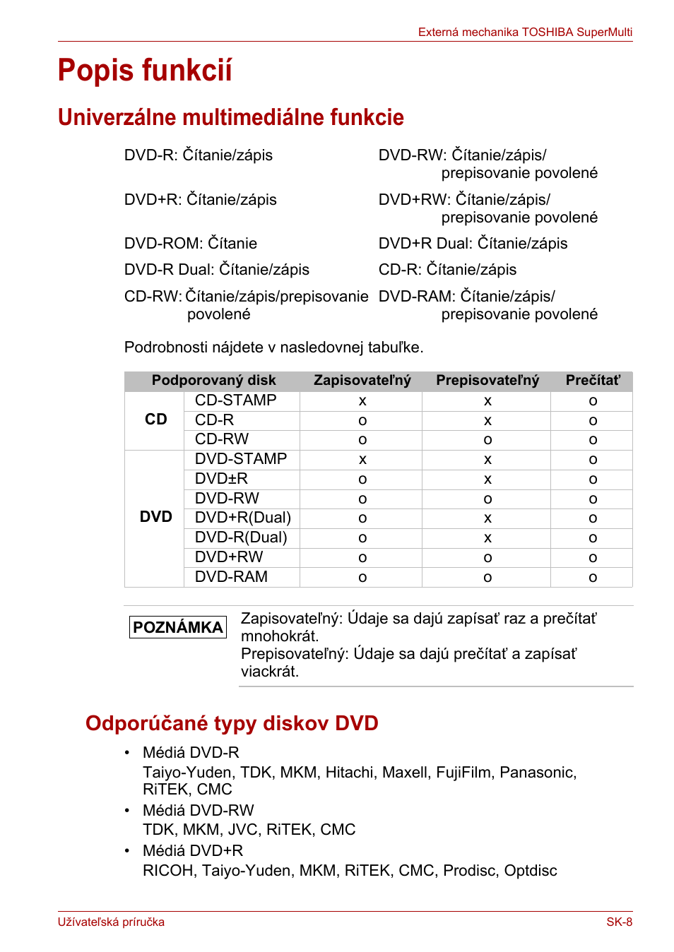 Popis funkcií, Univerzálne multimediálne funkcie, Odporúčané typy diskov dvd | Toshiba External SuperMulti Drive User Manual | Page 447 / 533